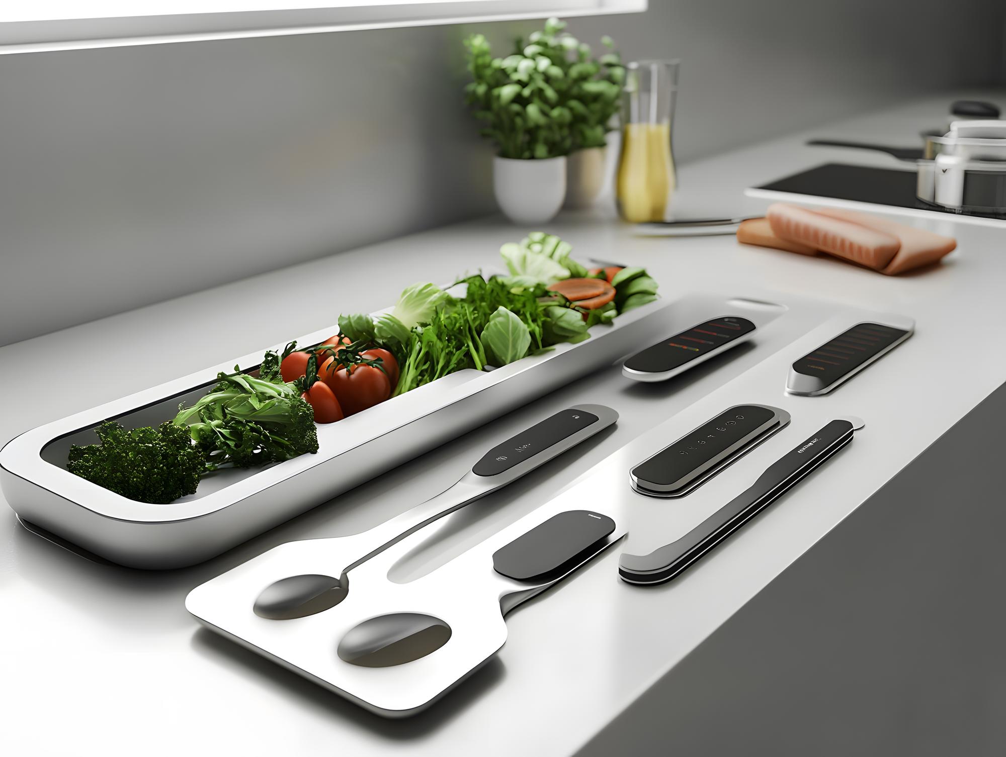 Modern kitchen workspace with instruments and plated food