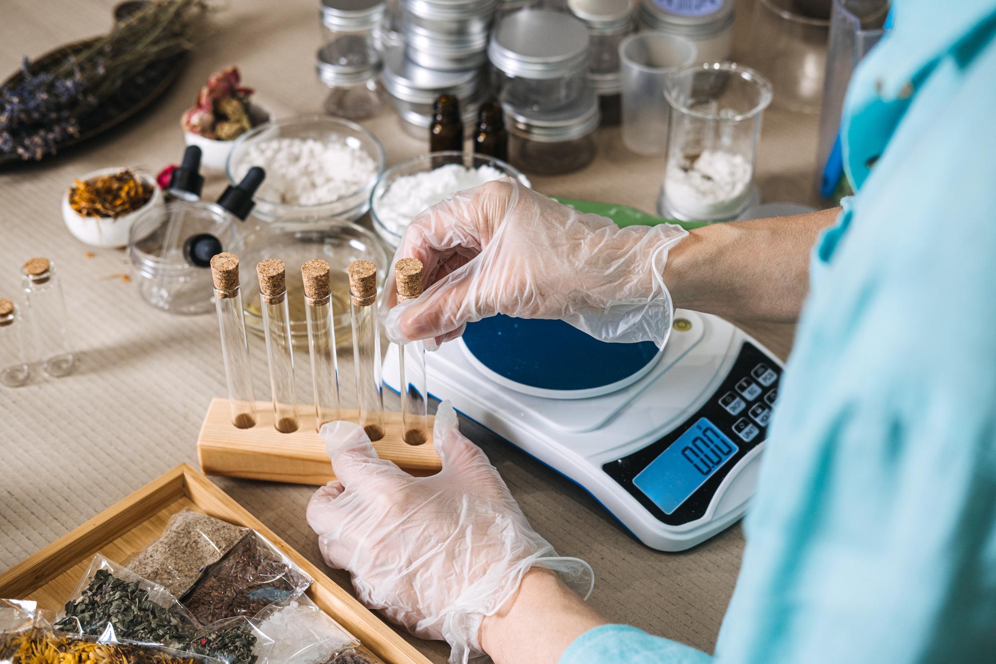Workshop countertop with digital scales and ingredients