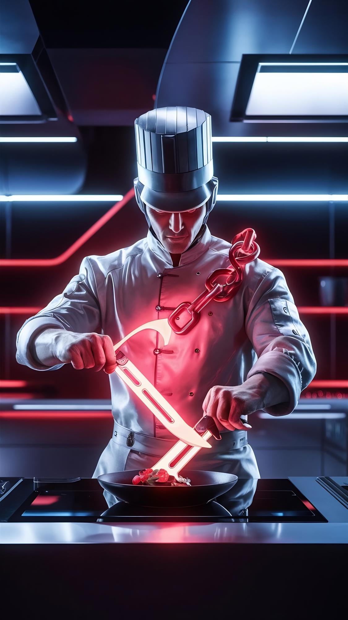 Chef working with high-tech kitchen tools and plated dish